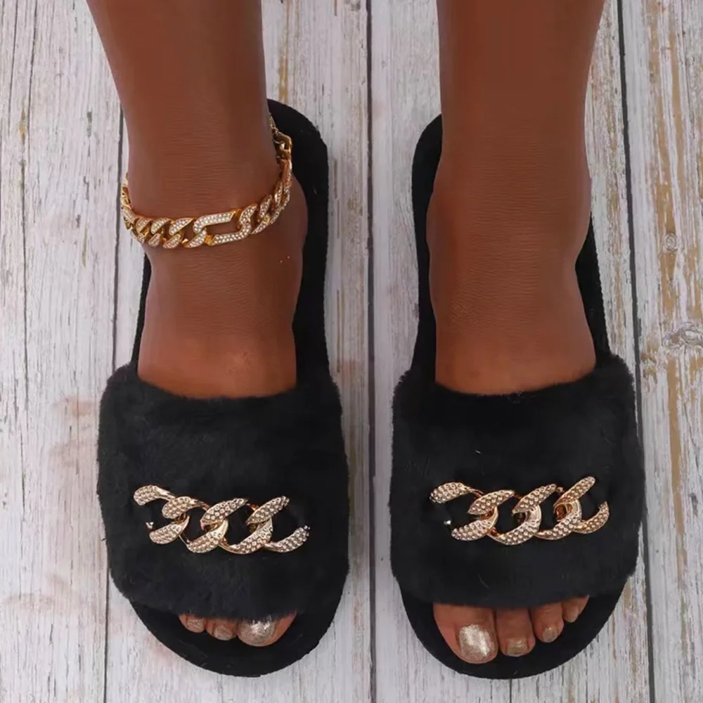 White Flat Fuzzy Slippers Sandals With Gold Chain Decor - Picture 4 of 5